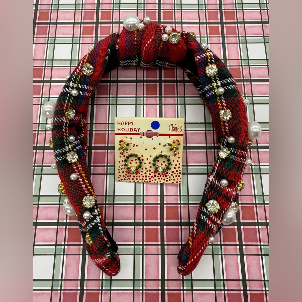 Rhinestone Christmas Plaid Headband + Vintage Claire’s Cute Y2K Earrings‎ Set